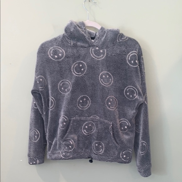 No Boundaries Tops - No Boundaries Gray Smiley Face Fleece Pullover Hoodie Junior Women’s Small 3-5